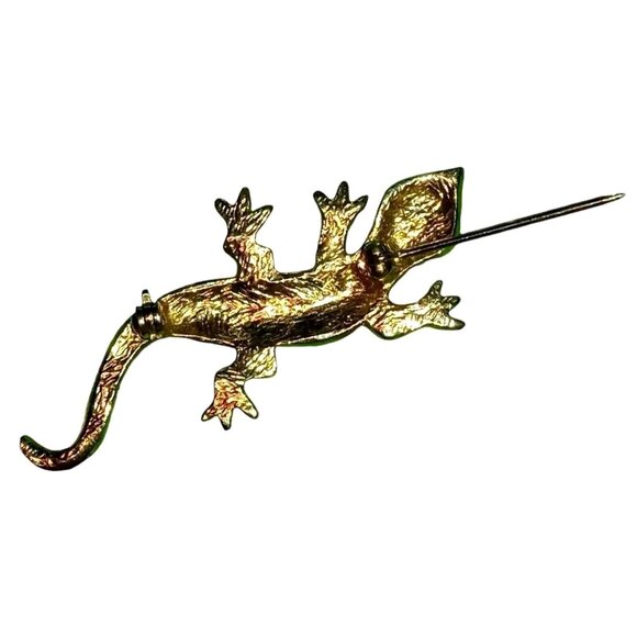 Vintage Gold Tone Lizard Brooch Pave Green White Rhinestones Textured Reptile - Picture 8 of 9